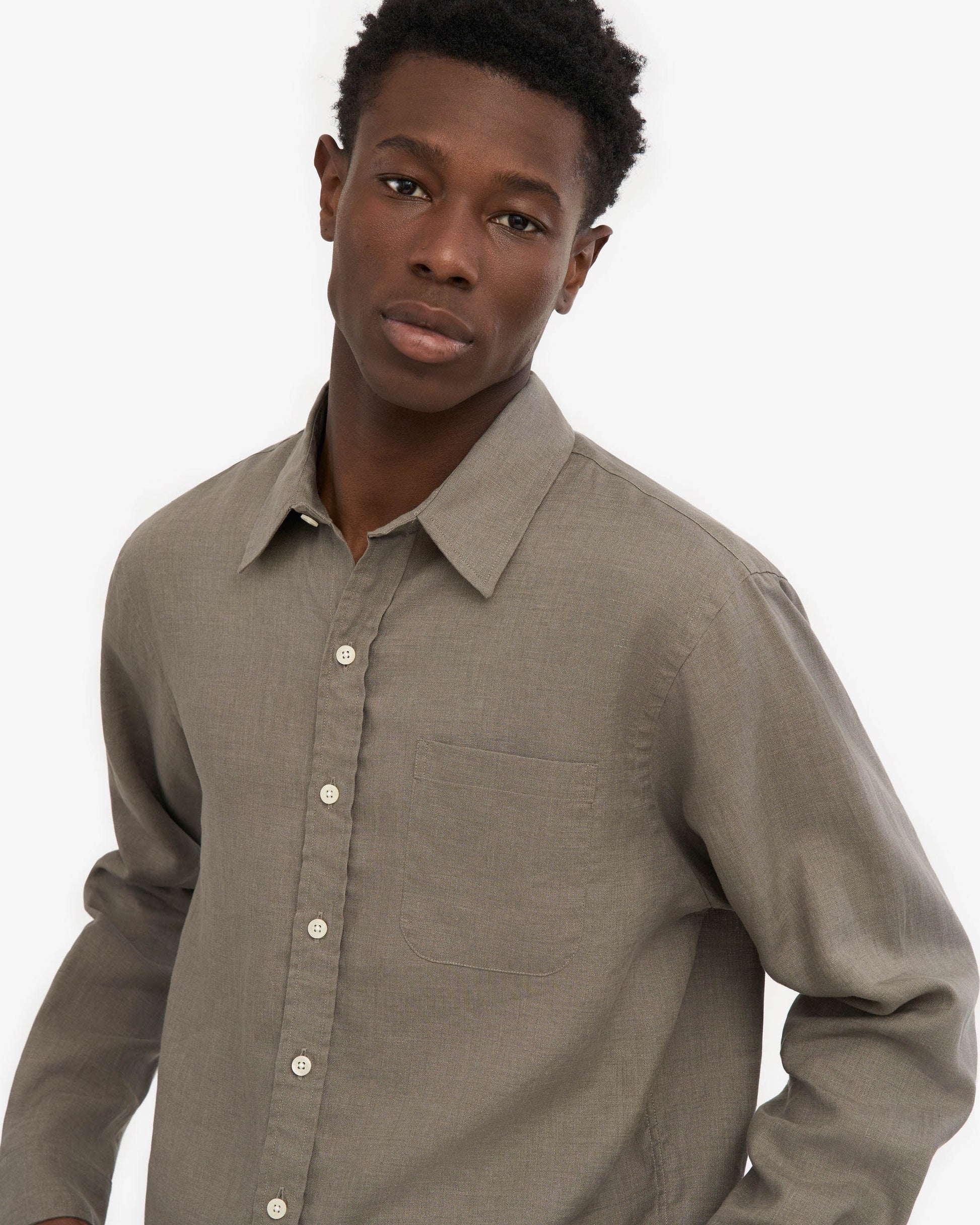 Colorful Standard Mens Long Sleeve Linen Shirt - Dusty Olive | CHO | Designer Mens Long Sleeve Shirts