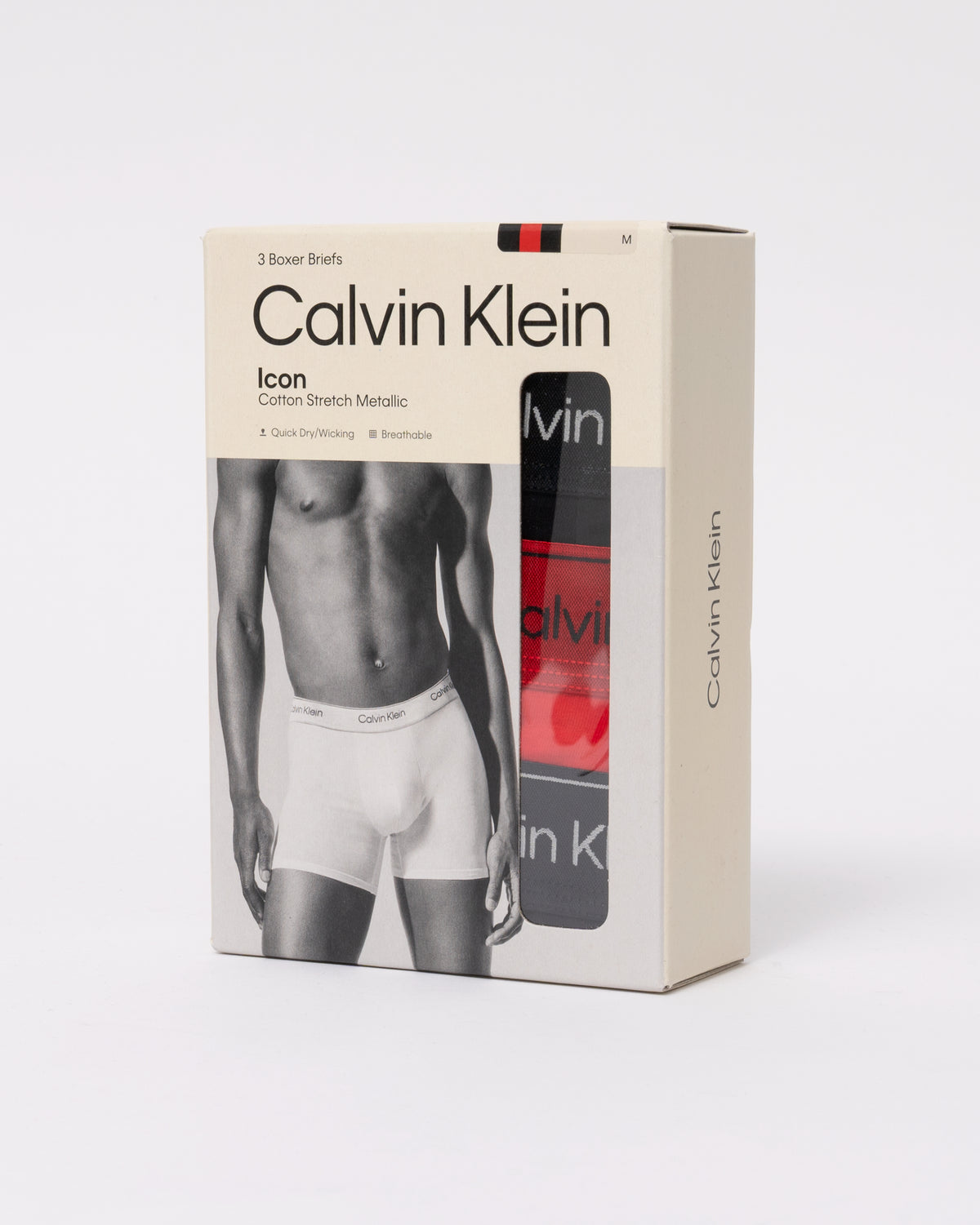 pack of Calvin Klein 3-Pack Mens Icon Stretch Metallic Boxer Briefs - Black/Goji Berry/Black