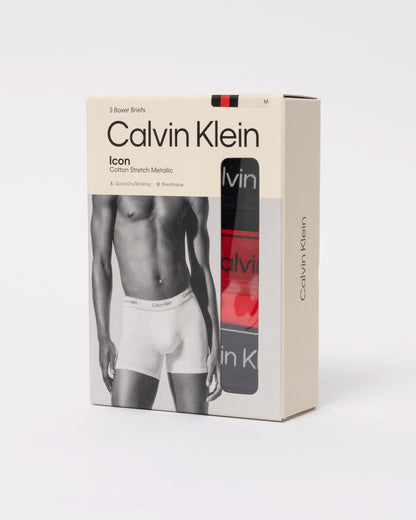 pack of Calvin Klein 3-Pack Mens Icon Stretch Metallic Boxer Briefs - Black/Goji Berry/Black