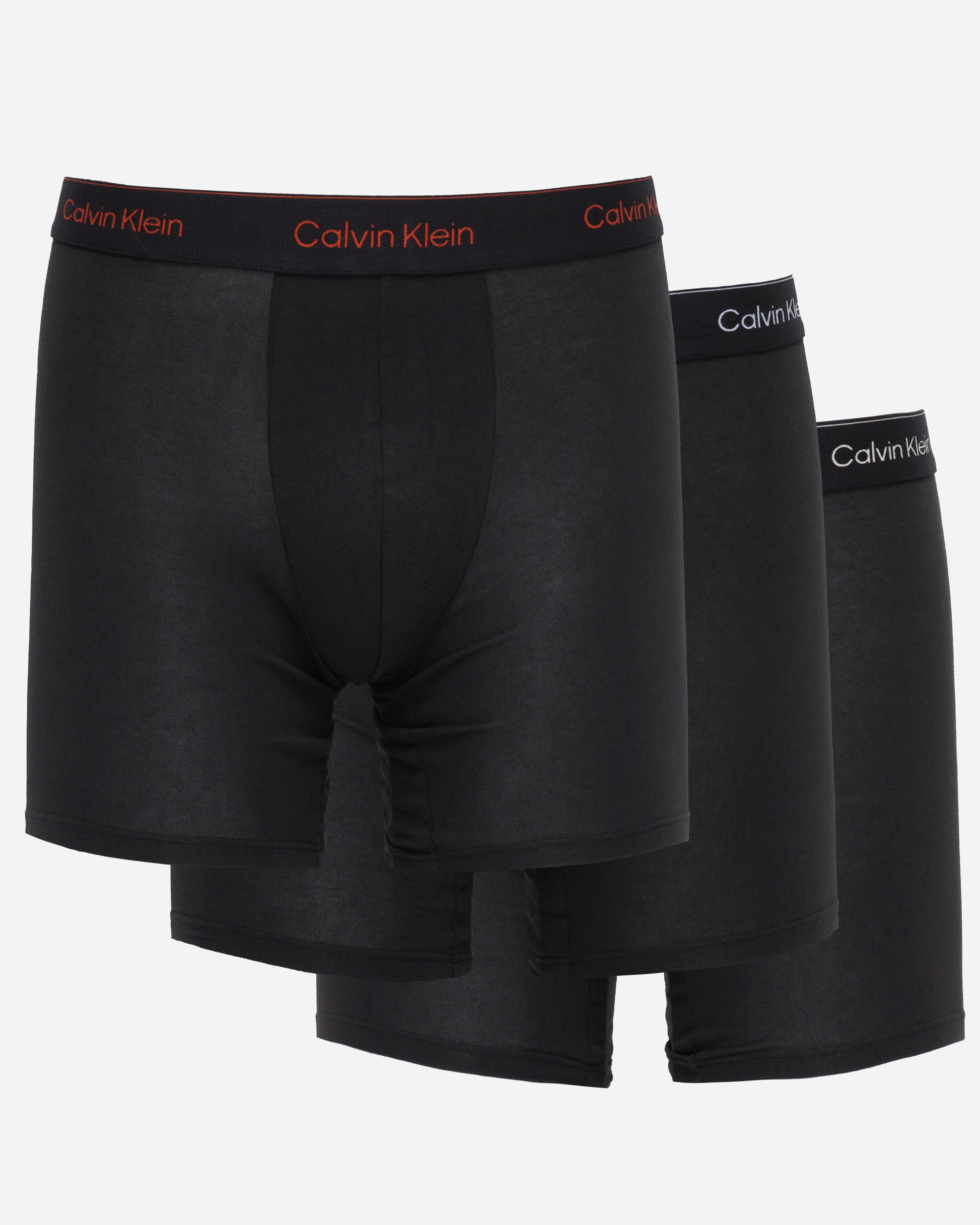 studio shot of Calvin Klein 3 Pack Icon Cotton Stretch Mens Boxer Briefs in Black with Chalk Logo and Black with Currie logo