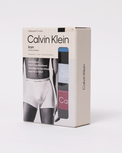 packaging of Calvin Klein 3 Pack Icon Cotton Stretch Mens Relaxed Fit Trunks - Black Bodies W/ Poseidon Blue/Plein