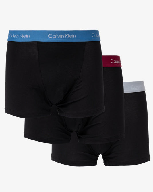 Calvin Klein 3 Pack Icon Cotton Stretch Mens Relaxed Fit Trunks - Black Bodies W/ Poseidon Blue/Plein