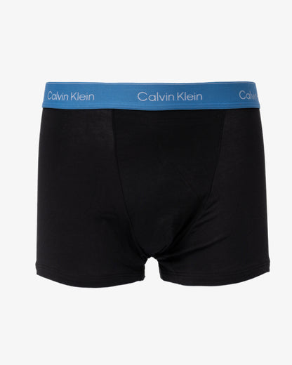 Calvin Klein 3 Pack Icon Cotton Stretch Mens Relaxed Fit Trunks - Black Bodies W/ Poseidon Blue/Plein