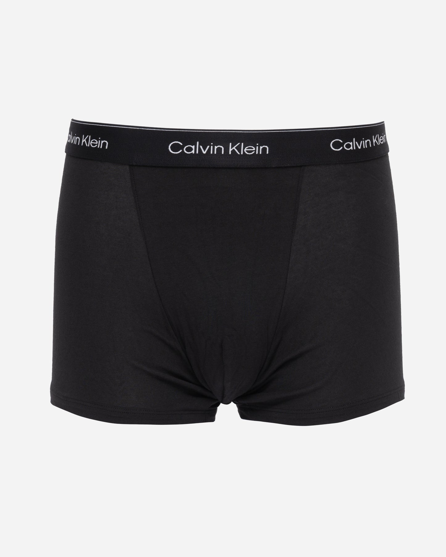 studio shot of Calvin Klein 3 Pack Icon Cotton Stretch Mens Relaxed Fit Trunks in Black with black silver waistbands