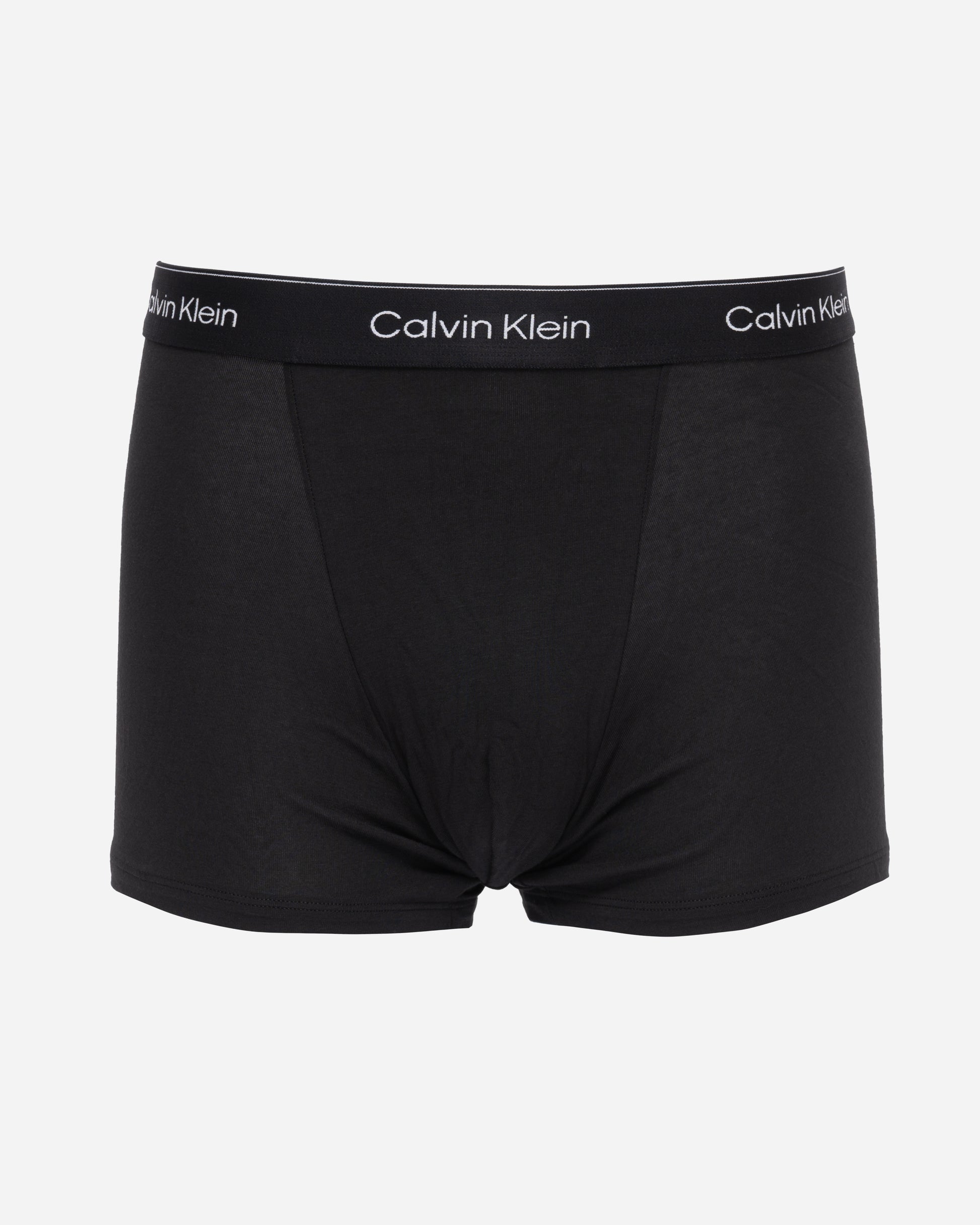 studio shot of Calvin Klein 3 Pack Icon Cotton Stretch Mens Relaxed Fit Trunks in Black with black silver waistbands