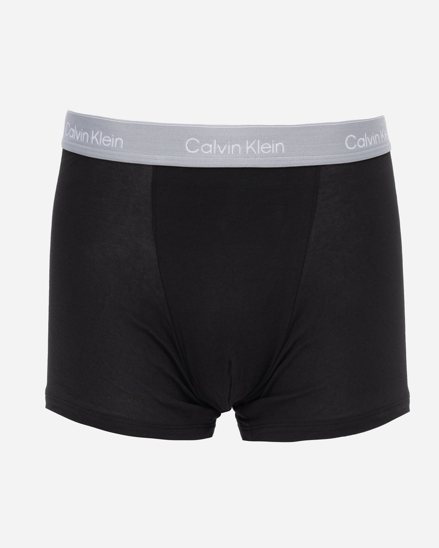 studio shot of Calvin Klein 3 Pack Icon Cotton Stretch Mens Relaxed Fit Trunks in Black with silver waistband