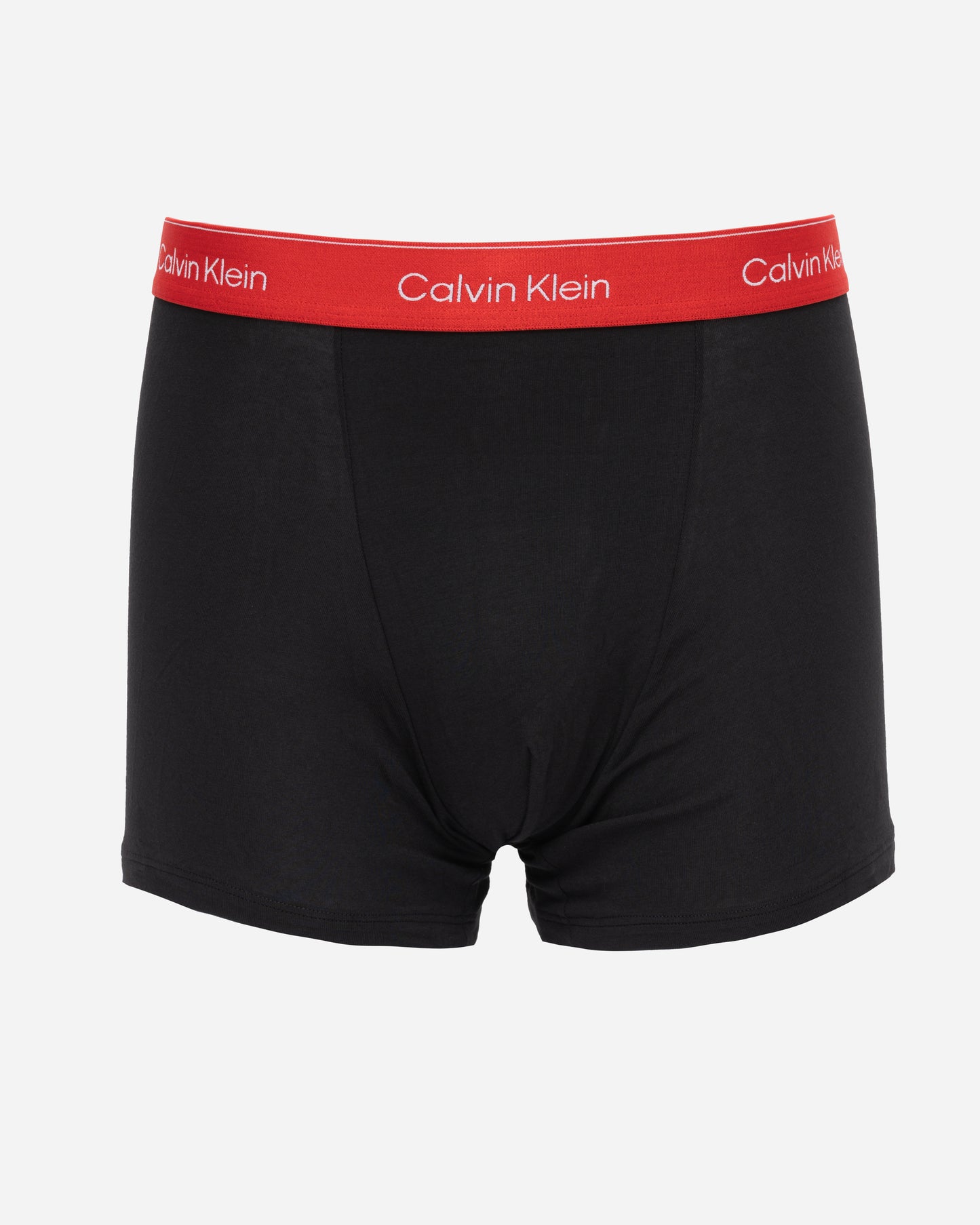 studio shot of Calvin Klein 3 Pack Icon Cotton Stretch Mens Relaxed Fit Trunks in Black with red waistband