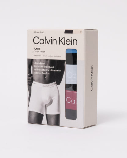 pack of Calvin Klein 3 Pack Mens Boxer Briefs - Black Bodies W/ Poseidon Blue/Plein