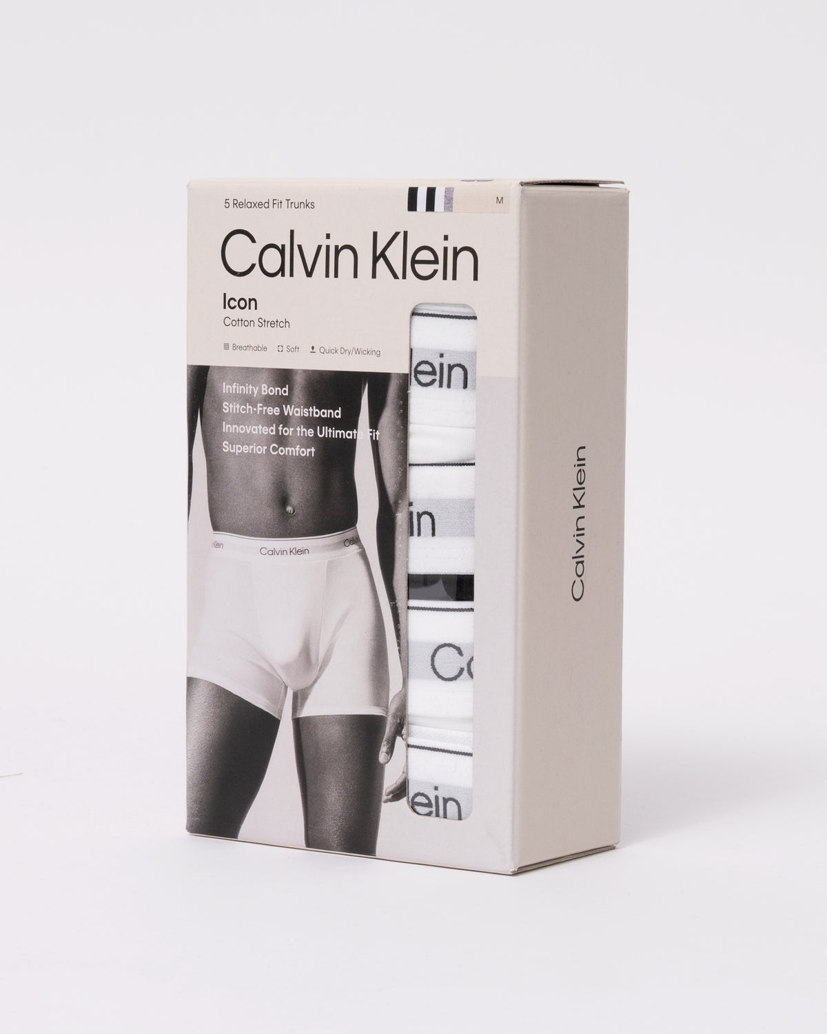 packaging for Calvin Klein 5 Pack Icon Cotton Stretch Mens Relaxed Fit Trunks - Black/White/Grey Heather
