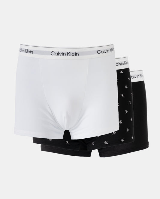 Calvin Klein 3 Pack Icon Cotton Stretch Mens Relaxed Fit Trunks - Black/Diamond Logo/White | CHO | Designer Mens Underwear
