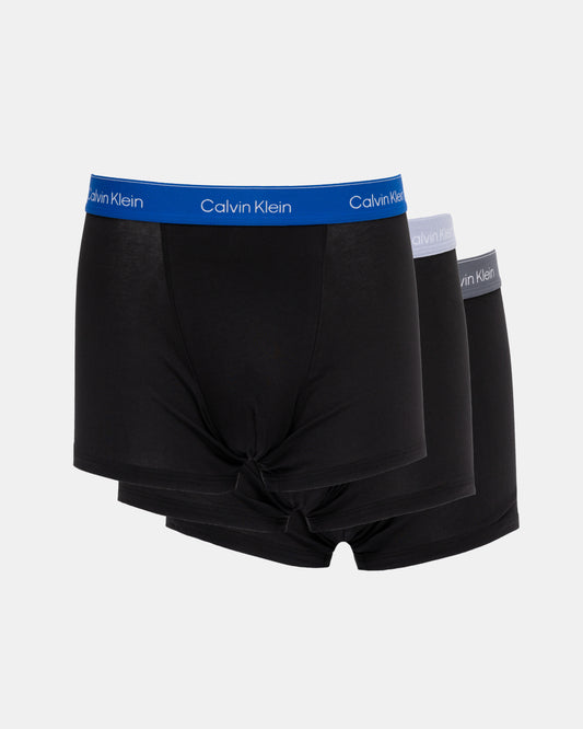 Three black Calvin Klein boxer briefs with blue light grey and dark grey waistband 