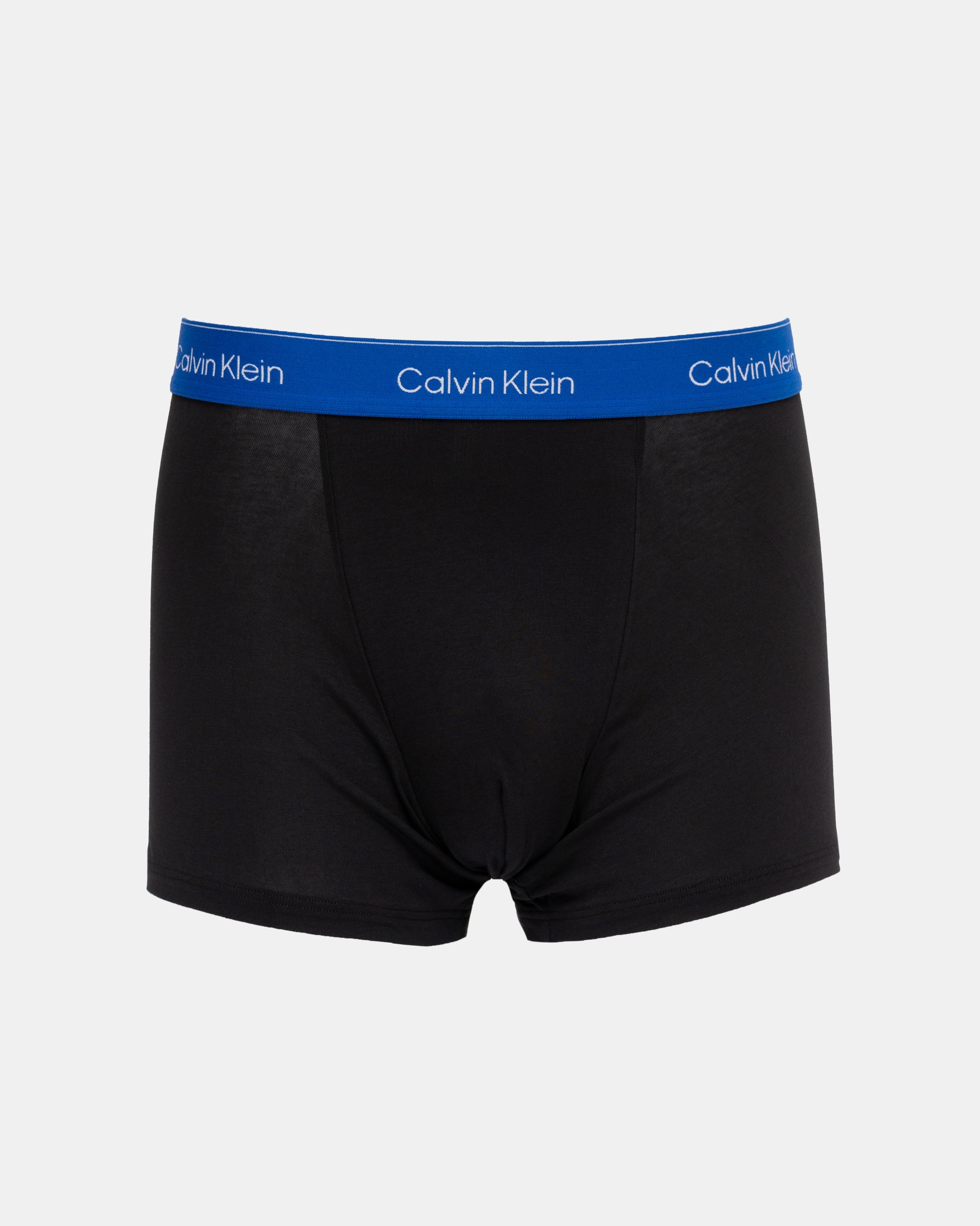 Black Calvin Klein boxer briefs with blue waistband on a white background