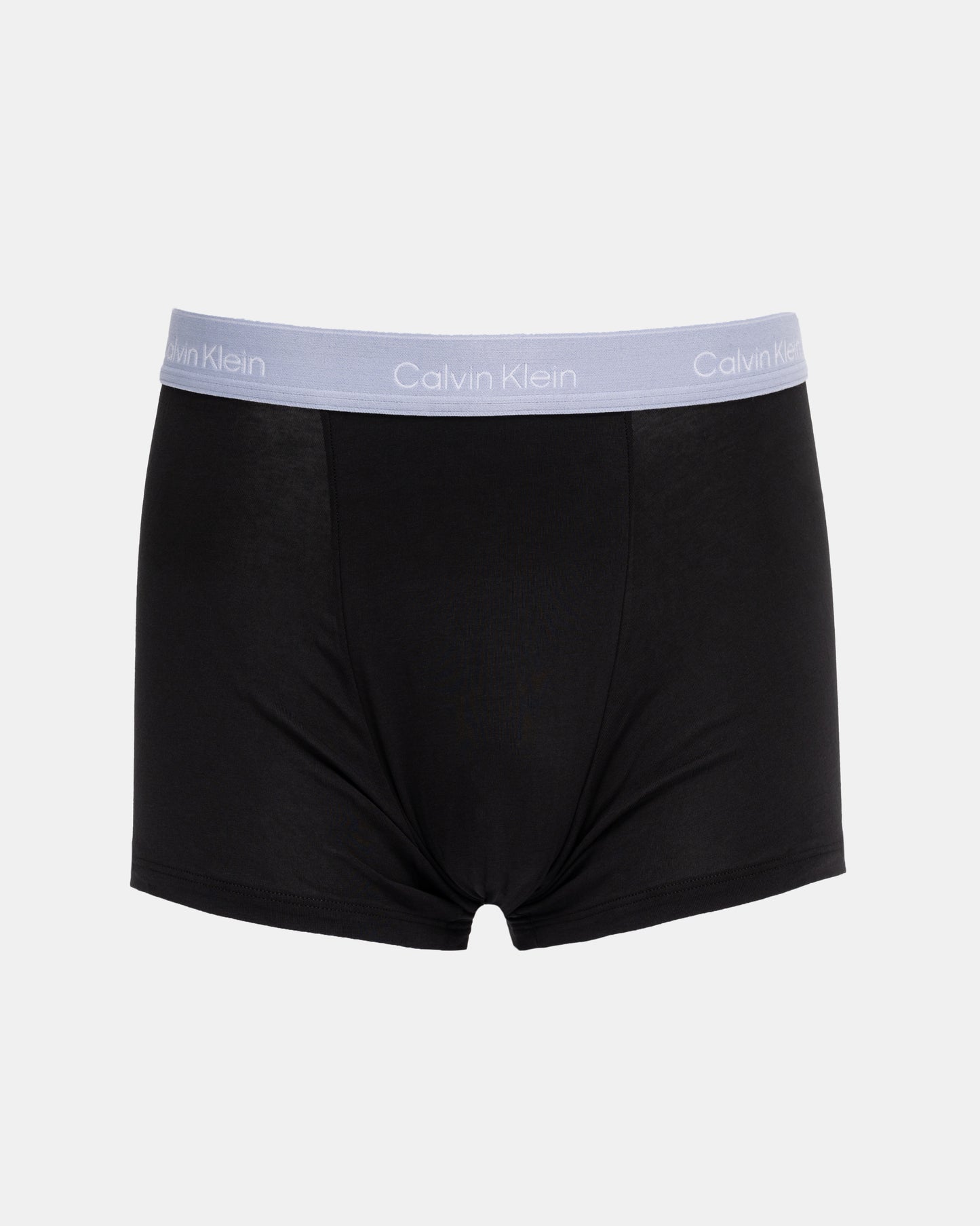 Black Calvin Klein boxer briefs with a light blue waistband on a white background