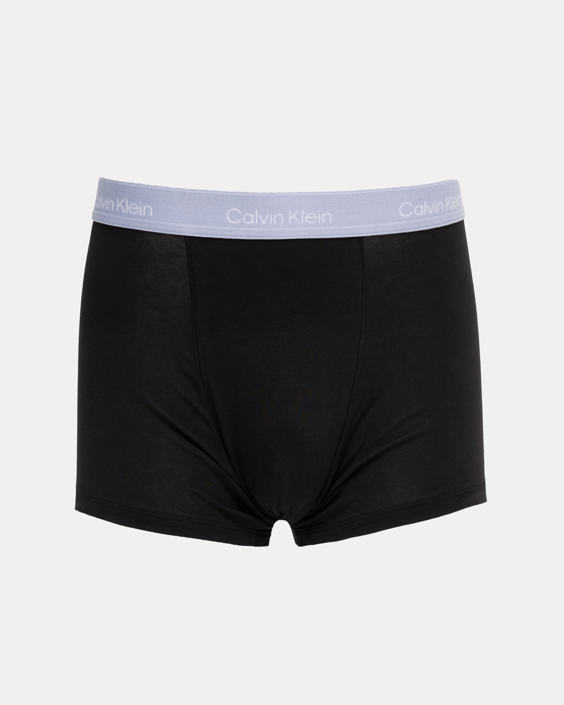 Black Calvin Klein boxer briefs with a light blue waistband on a white background