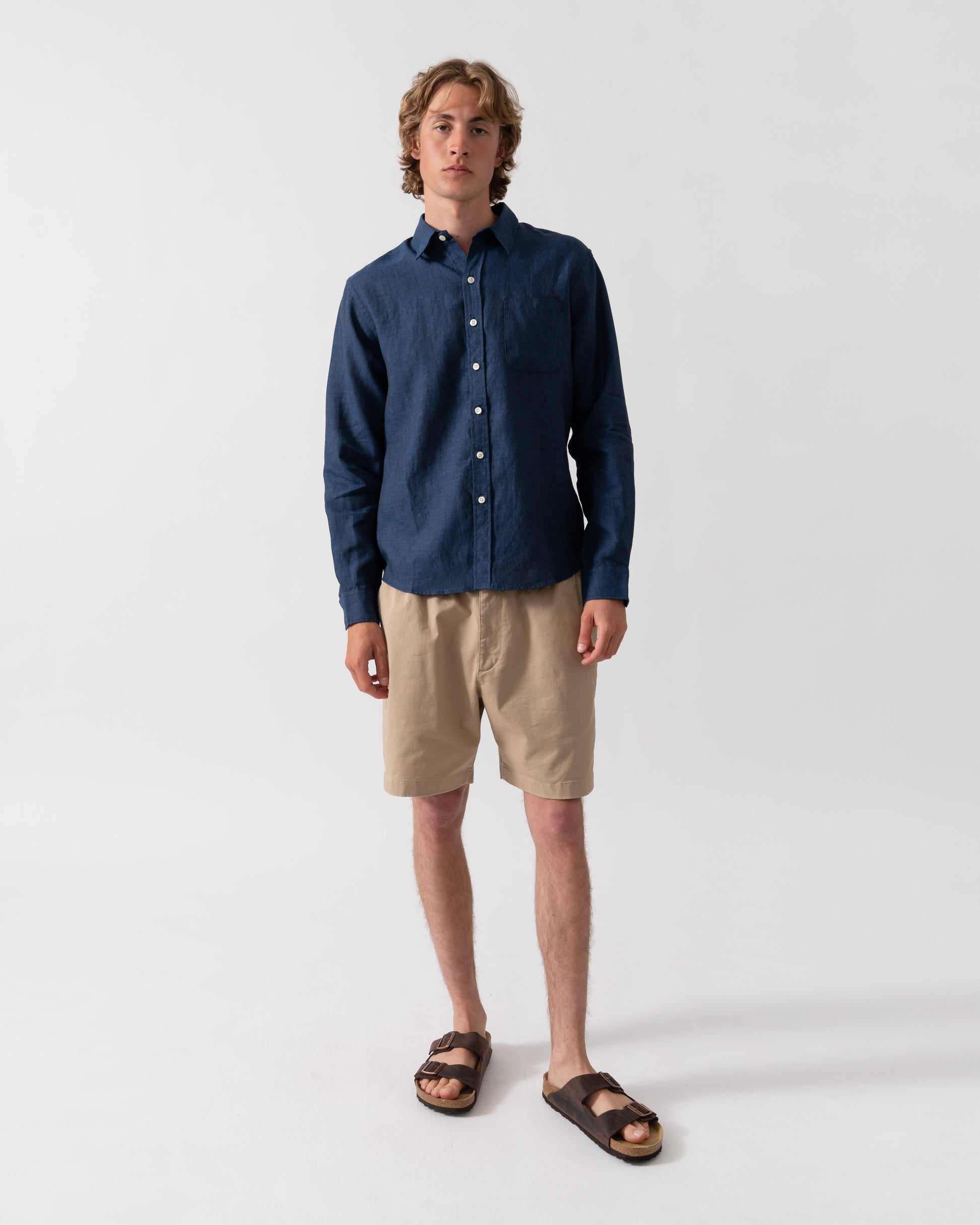 Colorful Standard Mens Long Sleeve Linen Shirt - Marine Blue | CHO | Designer Mens Long Sleeve Shirts
