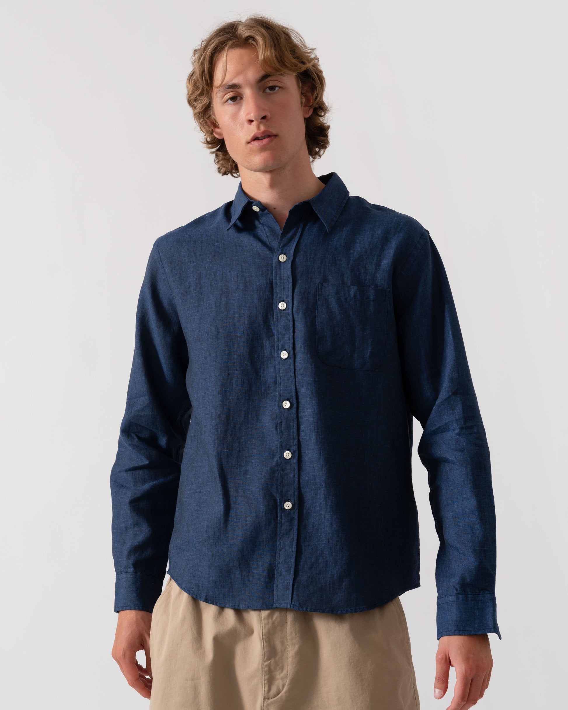 Colorful Standard Mens Long Sleeve Linen Shirt - Marine Blue | CHO | Designer Mens Long Sleeve Shirts