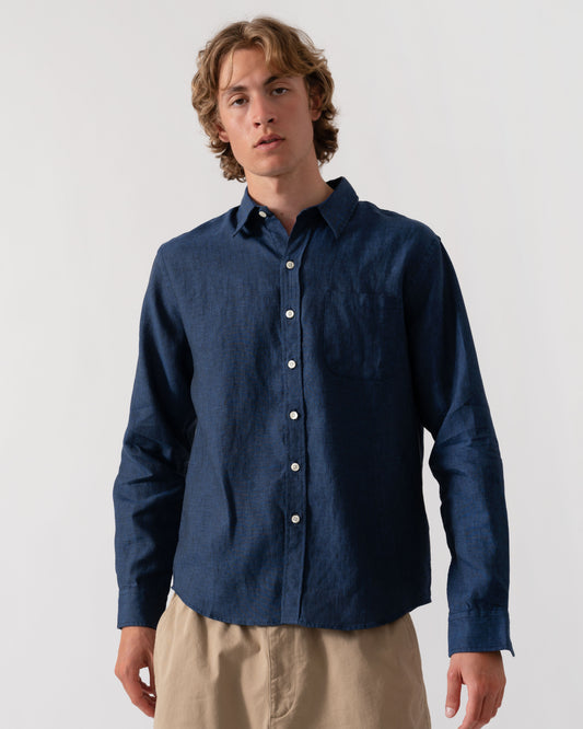 Colorful Standard Mens Long Sleeve Linen Shirt - Marine Blue | CHO | Designer Mens Long Sleeve Shirts