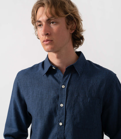 Colorful Standard Mens Long Sleeve Linen Shirt - Marine Blue | CHO | Designer Mens Long Sleeve Shirts
