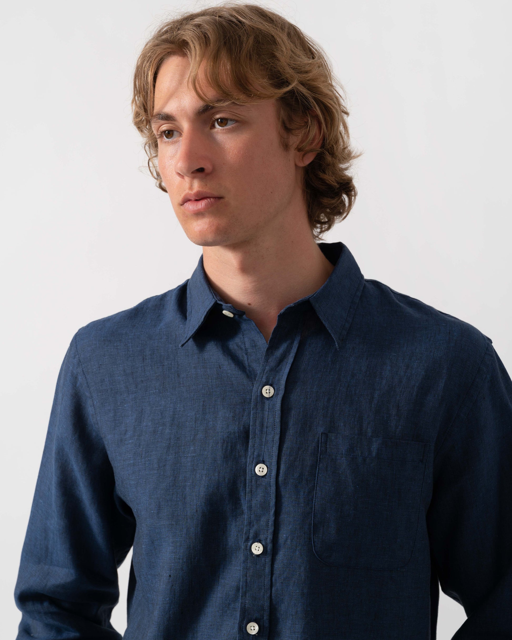 Colorful Standard Mens Long Sleeve Linen Shirt - Marine Blue | CHO | Designer Mens Long Sleeve Shirts