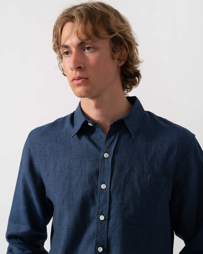 Colorful Standard Mens Long Sleeve Linen Shirt - Marine Blue | CHO | Designer Mens Long Sleeve Shirts