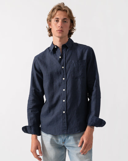 Colorful Standard Mens Long Sleeve Linen Shirt - Navy Blue | CHO | Designer Mens Long Sleeve Shirts