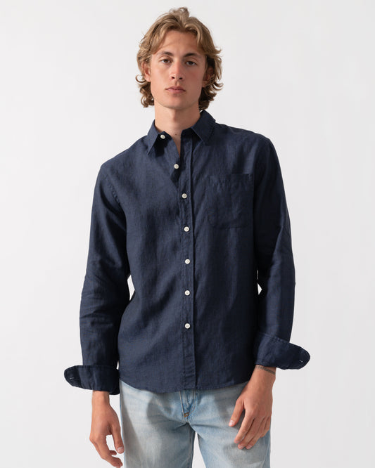 Colorful Standard Mens Long Sleeve Linen Shirt - Navy Blue | CHO | Designer Mens Long Sleeve Shirts