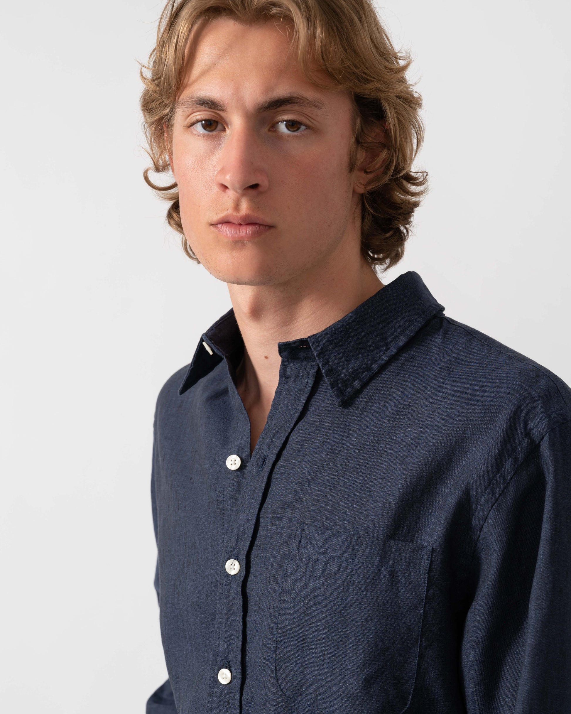 Colorful Standard Mens Long Sleeve Linen Shirt - Navy Blue | CHO | Designer Mens Long Sleeve Shirts