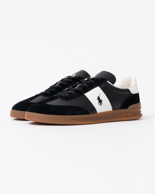 Front of the Ralph Lauren Heritage Aera Mens Leather-Suede Sneaker - Black/White