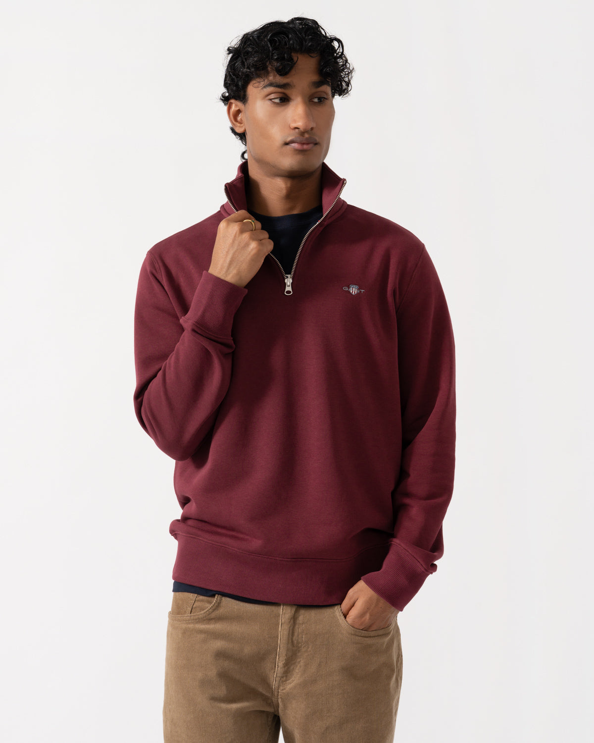 Front of the GANT Mens Regular Fit Shield Logo Half Zip Sweatshirt - 676 Deep Grape Wine