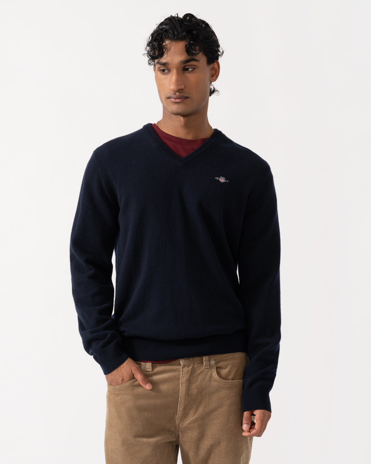 Frnt of the xGANT Mens Superfine Lambswool V-Neck Sweater - 410 Marine