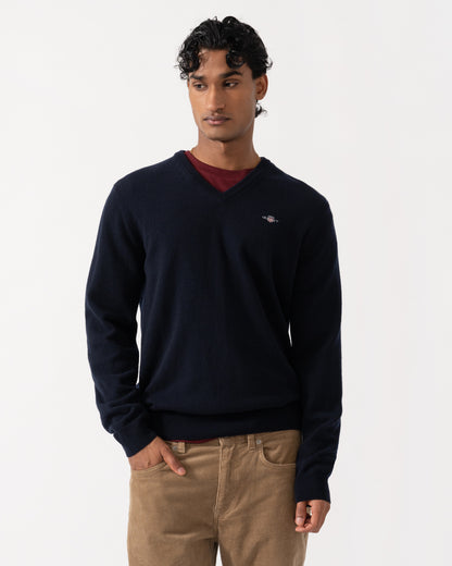 Frnt of the xGANT Mens Superfine Lambswool V-Neck Sweater - 410 Marine