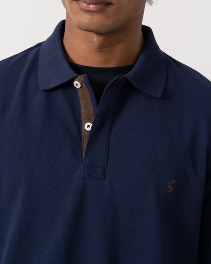 Close up of the Joules Woody Mens Long Sleeve Polo Shirt - Navy