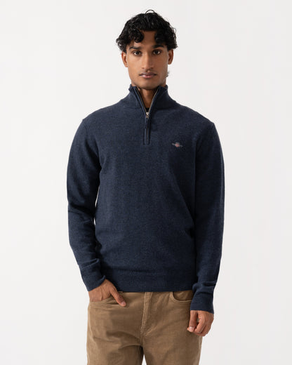 Front of the GANT Mens Superfine Lambswool Half Zip Sweater - 480 Dark Navy Melange