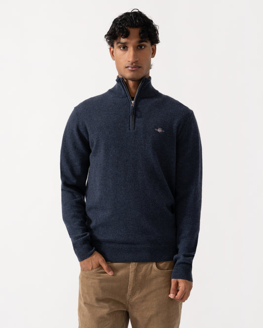 Front of the GANT Mens Superfine Lambswool Half Zip Sweater - 480 Dark Navy Melange
