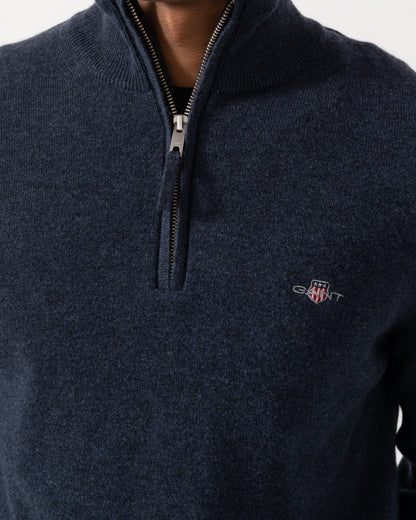 Close up on the GANT Mens Superfine Lambswool Half Zip Sweater - 480 Dark Navy Melange