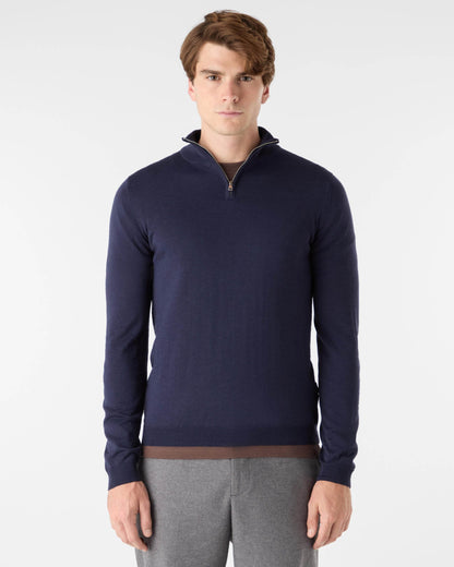 Oliver Sweeney Curragh Mens 1/4 Zip Funnel Neck Merino Wool Jumper - Navy Marl