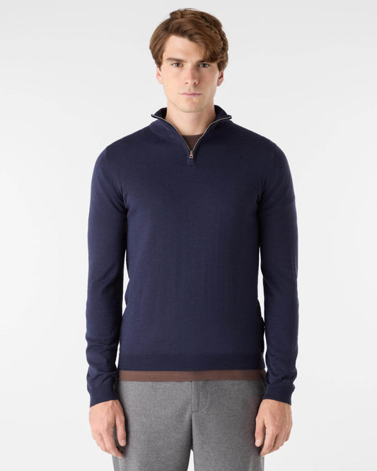 Oliver Sweeney Curragh Mens 1/4 Zip Funnel Neck Merino Wool Jumper - Navy Marl