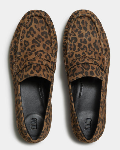 FitFlop Delicato Womens Suede Leopard Loafers - Tan/Black E76