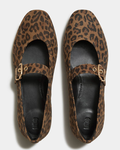 FitFlop Delicato Womens Suede Leopard Mary Janes - Tan/Black E76
