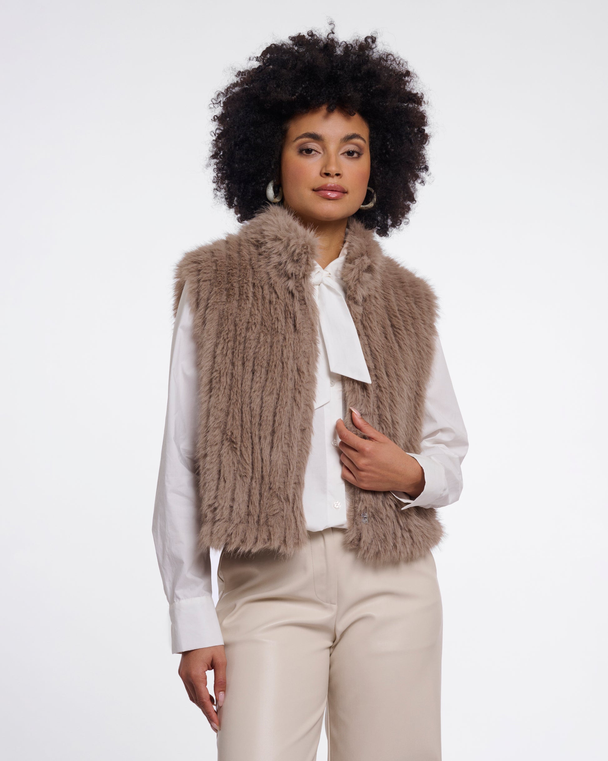 Rino & Pelle Dava Womens Faux Fur Waistcoat With Button Closure - Mocha Latte | CHO | Designer Womens Faux Fur Waistcoat