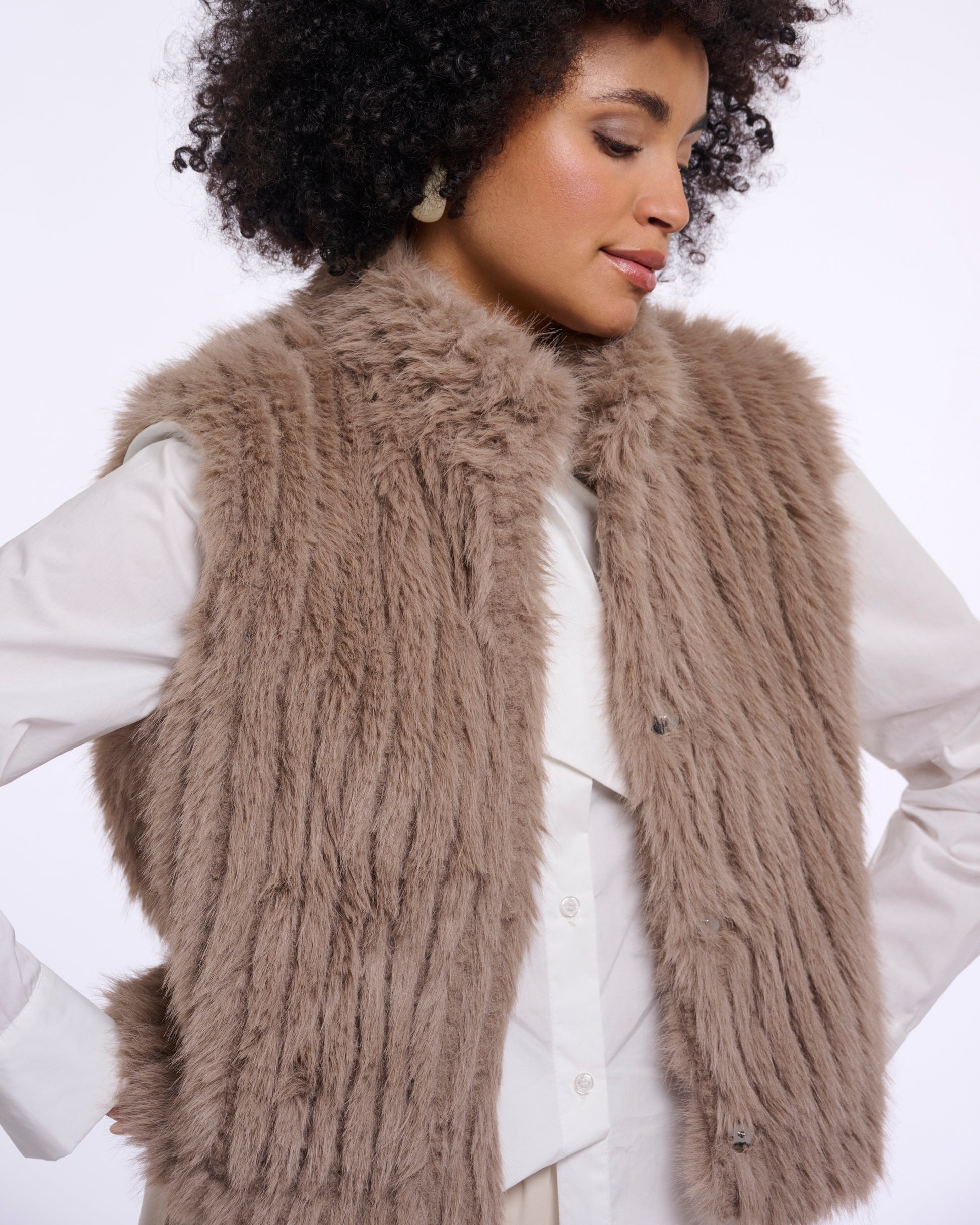 Rino & Pelle Dava Womens Faux Fur Waistcoat With Button Closure - Mocha Latte | CHO | Designer Womens Faux Fur Waistcoat