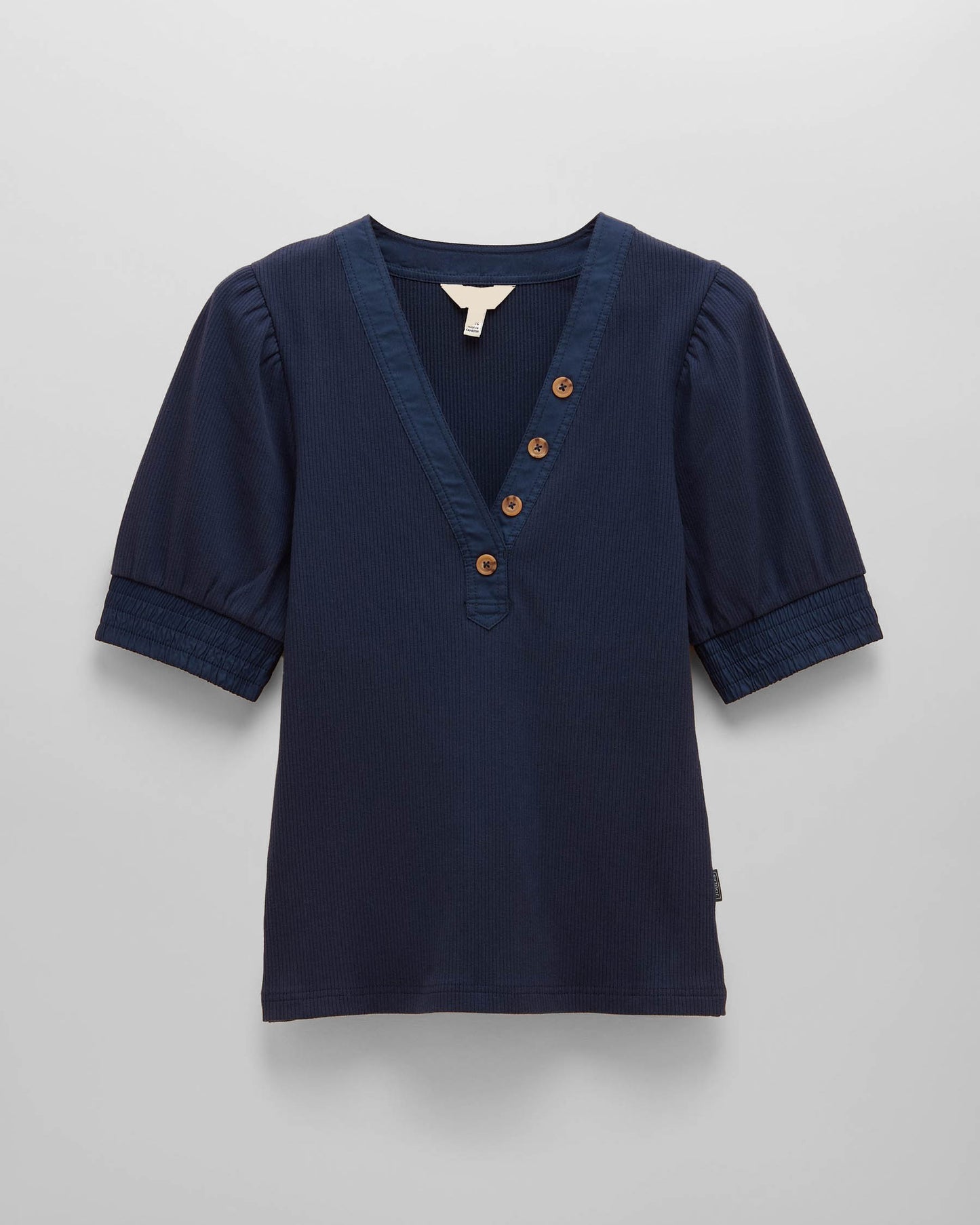 Joules Tabitha Womens Ribbed V-Neck Top With Puff Sleeves - Navy - CHO - Designer 