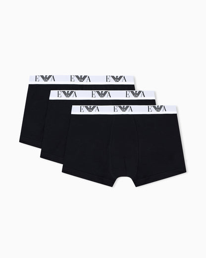 Emporio Armani 3-Pack Mens Boxer Shorts with Eagle Logo Waistband - Black/Black/Black