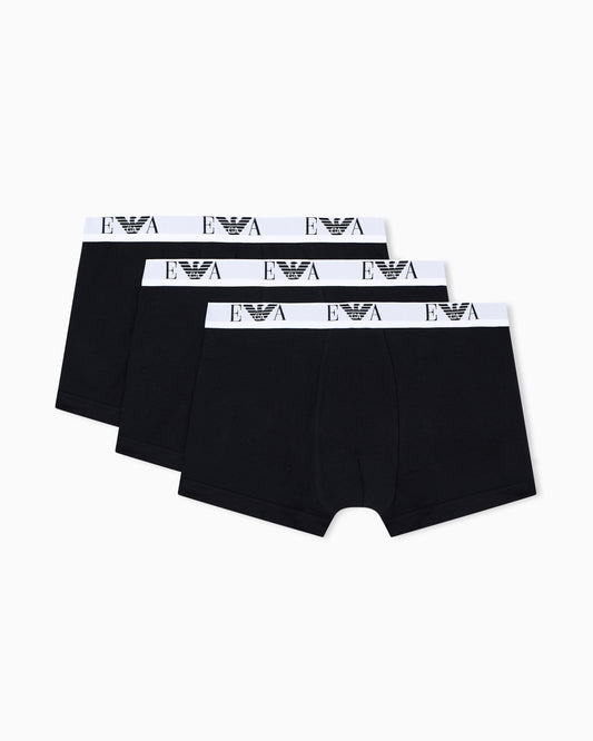 Emporio Armani 3-Pack Mens Boxer Shorts with Eagle Logo Waistband - Black/Black/Black