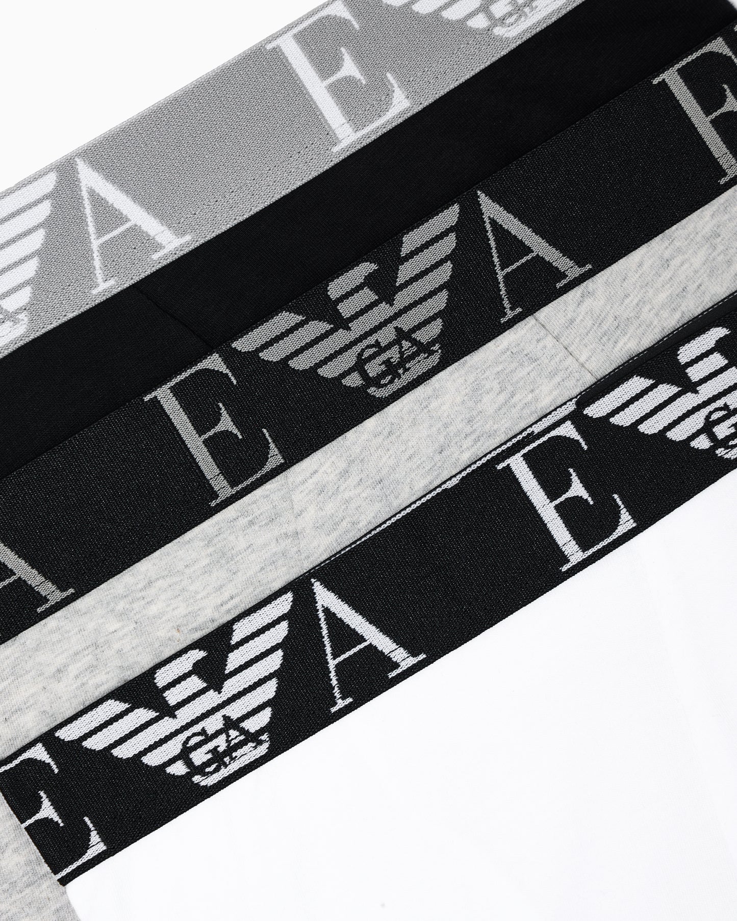 Emporio Armani 3-Pack Mens Boxers with Bold Monogram Logo Waistband - Black/Light Melange Grey/White