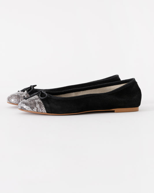 Black flats with glittery toe caps on a white background