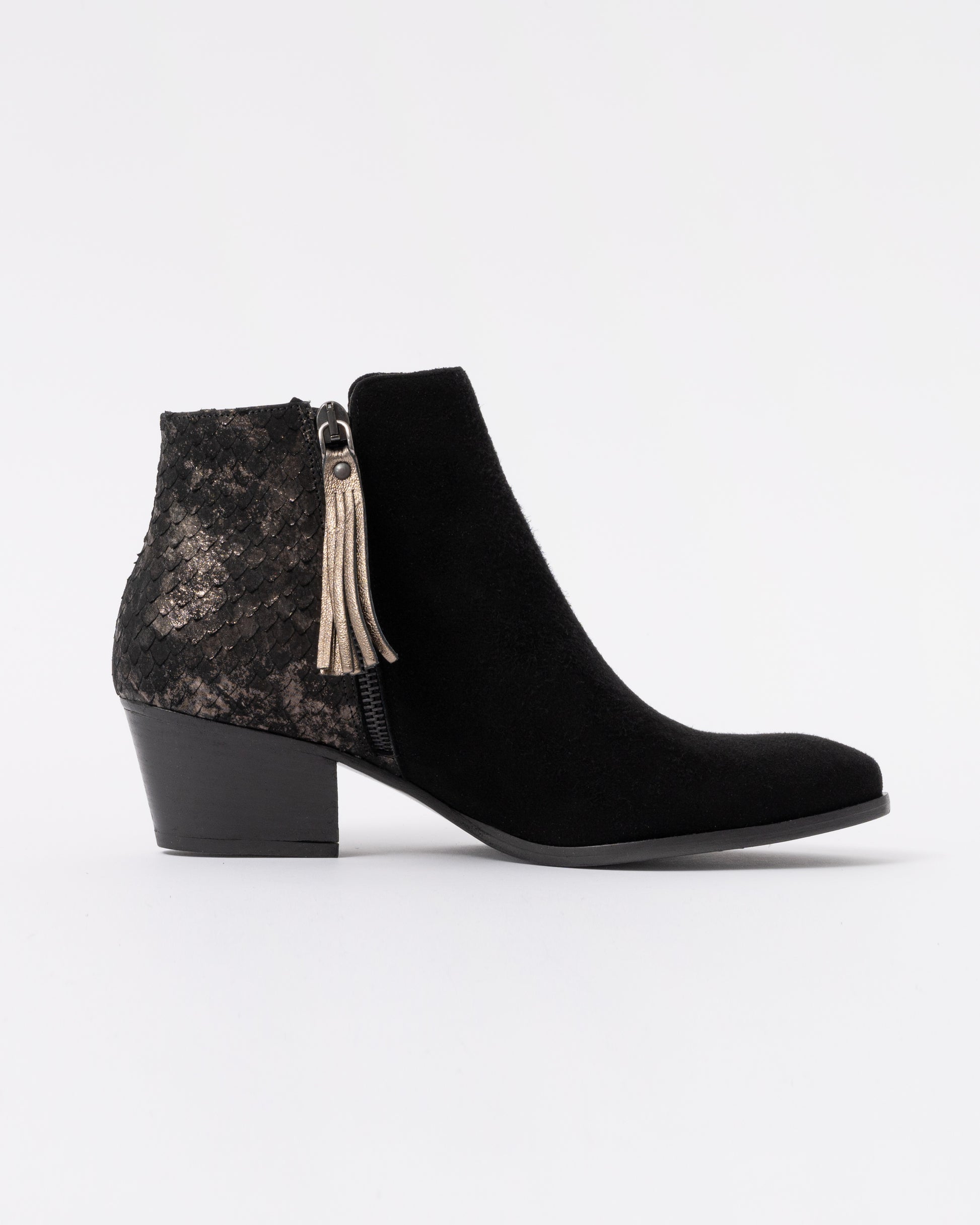 Black leather boot with a zipper on a white background