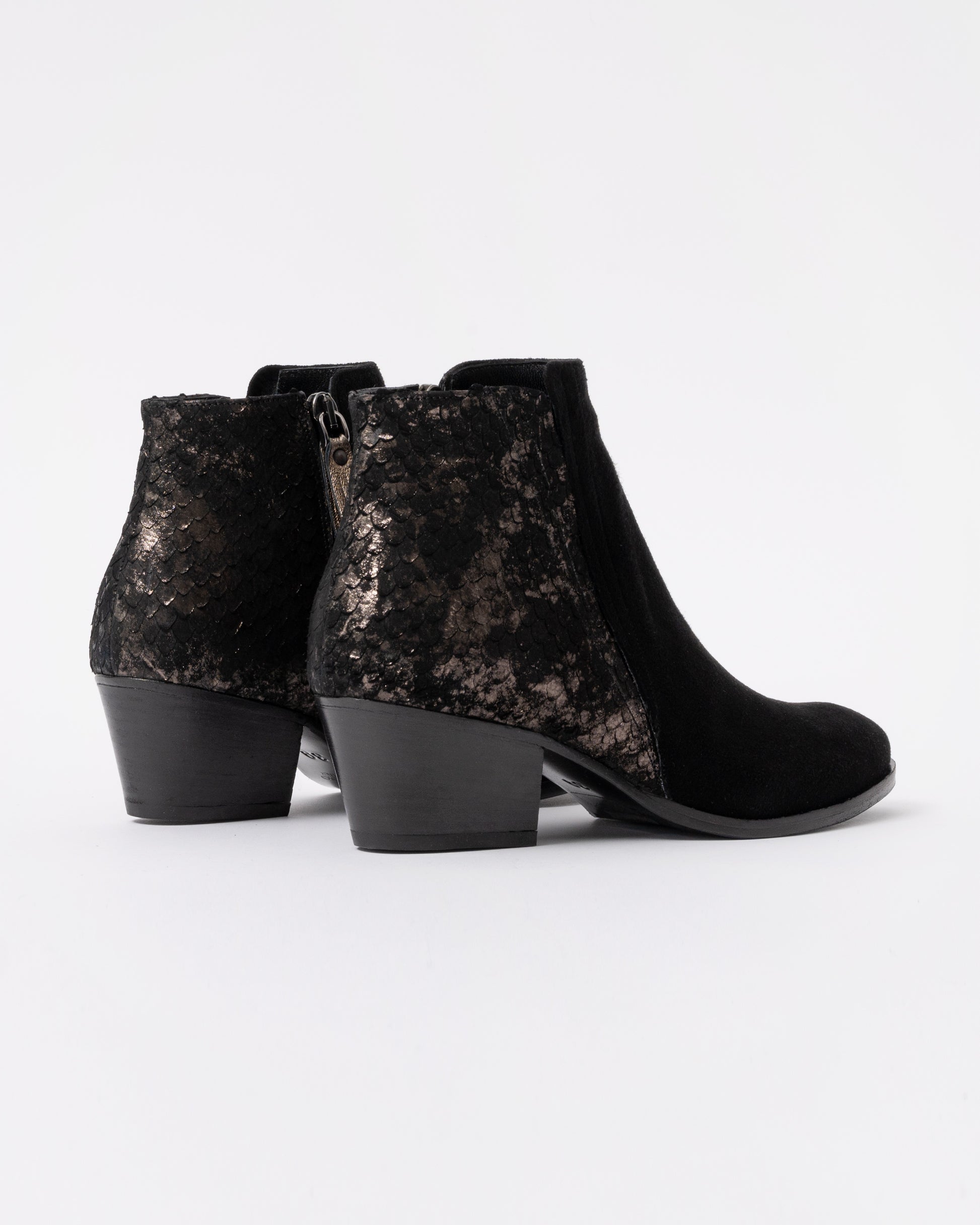 Black ankle boots with metallic pattern on a white background