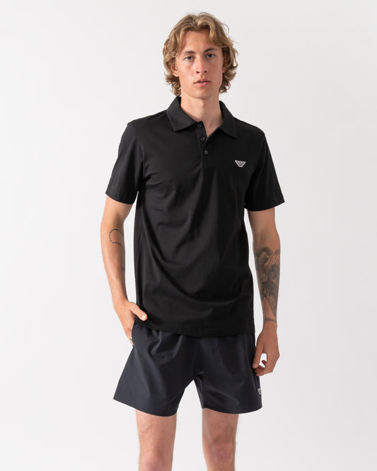 model wearing an Emporio Armani Mens Beach Polo with Eagle Logo in Black