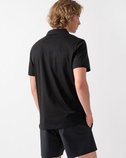 back shot of a model wearing an Emporio Armani Mens Beach Polo with Eagle Logo in Black